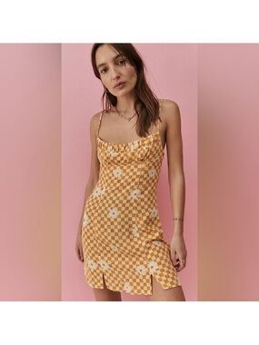 UO XS Lumi Daisy Gold Beige Check Print Spaghetti Strap Mini Bodycon Dress